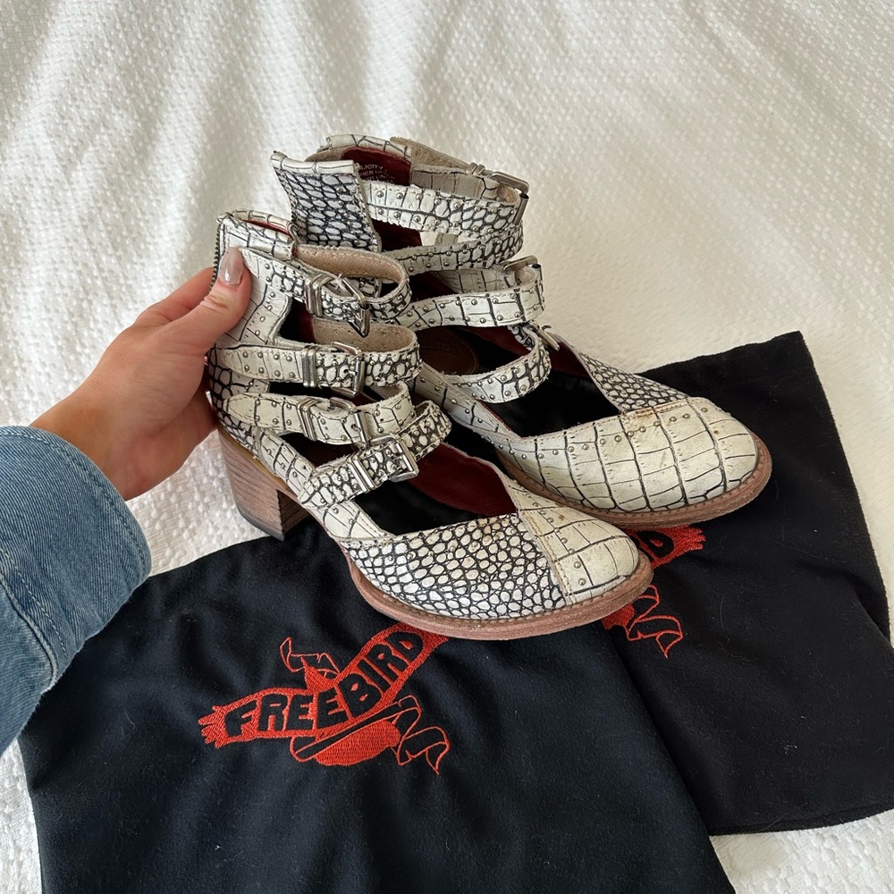 Freebird White Croc-Embossed Heeled booties